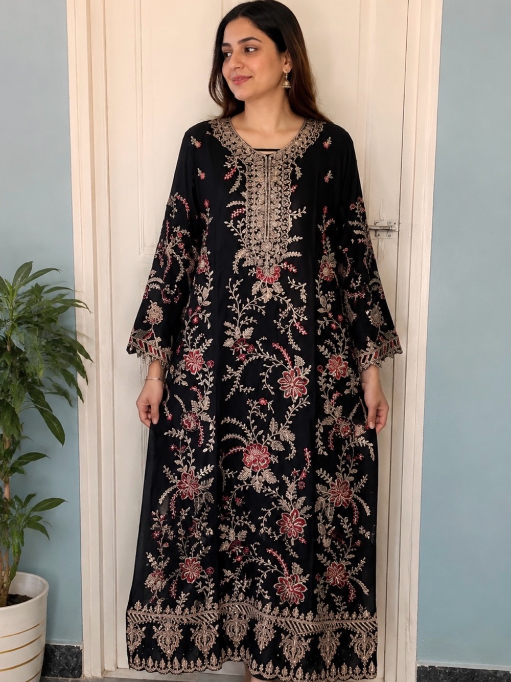 Embroidered Black Salwar Kamiz And Dupatta Indian Outfit..